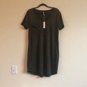 Faux Suede Olive Green Pocket t-shirt Dress